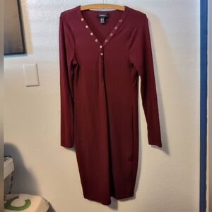 Burgundy Forever 21 Ribbed V-neck Dress